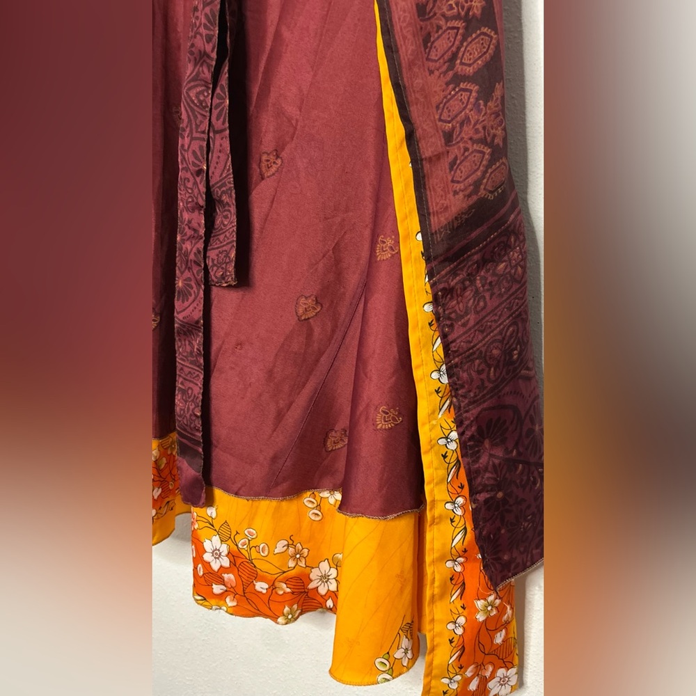 Two-Tone Asymmetrical Wrap Skirt in Burgundy and Mustard Floral - Picture 3 of 8